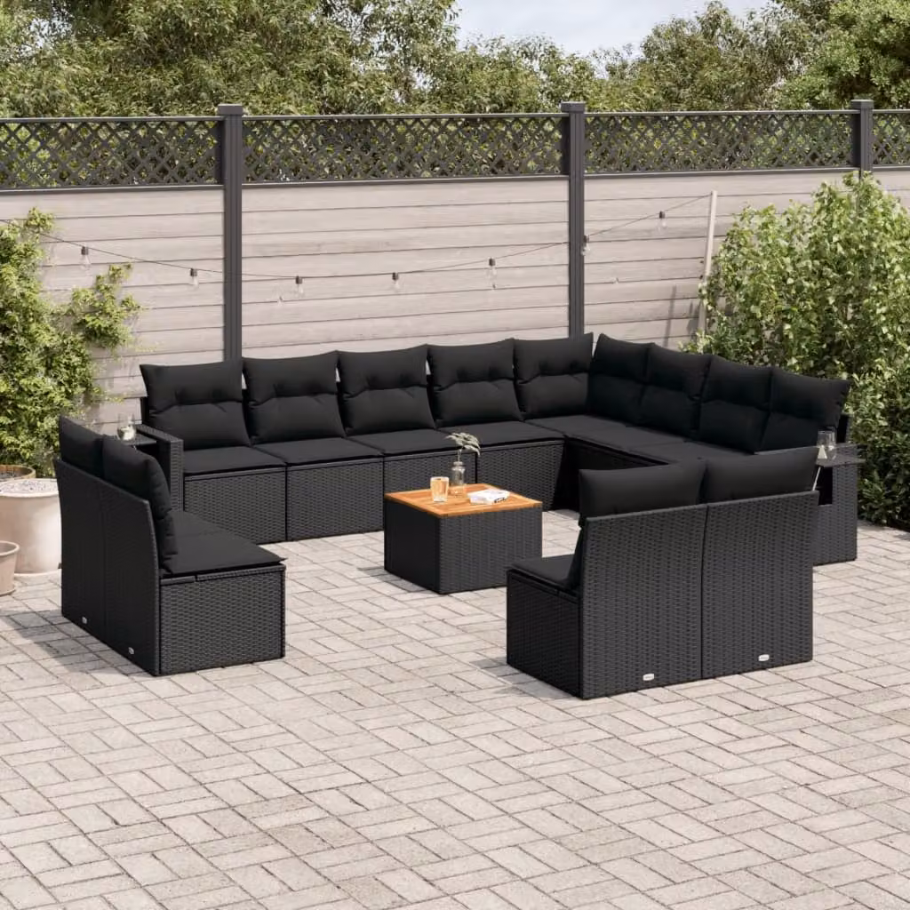 vidaXL Set Divani da Giardino a Forma di L in Polyrattan Nero con Cuscini e Tavolino da Esterno – 1