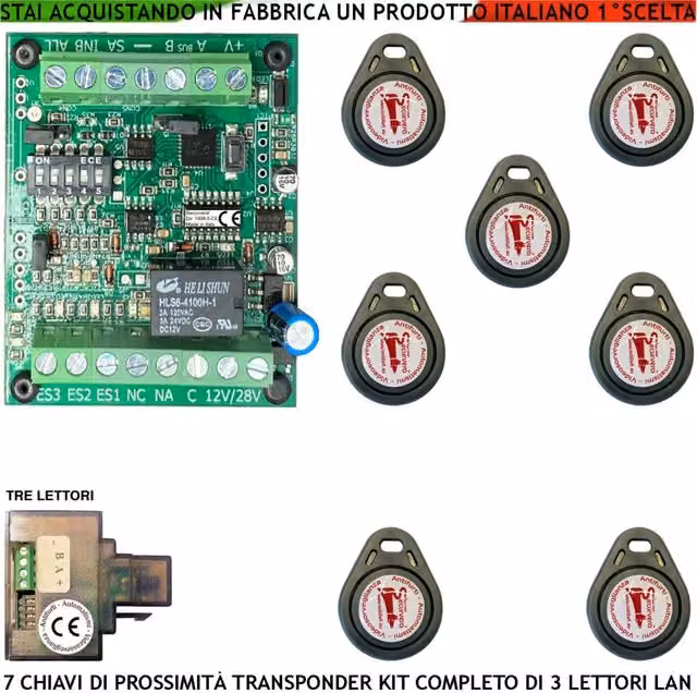 Securvera Chiave Trasponder di Prossimità con 7 Chiavi TAG e 3 Lettori su Modulo LAN Universale 501/503 RJ45, Alimentazione 12/24 Vac, Relè di Scambio 2 A a 24 V con Funzione Impulsiva o Stabile e Segnale di Stato a 4 LED Multicolore