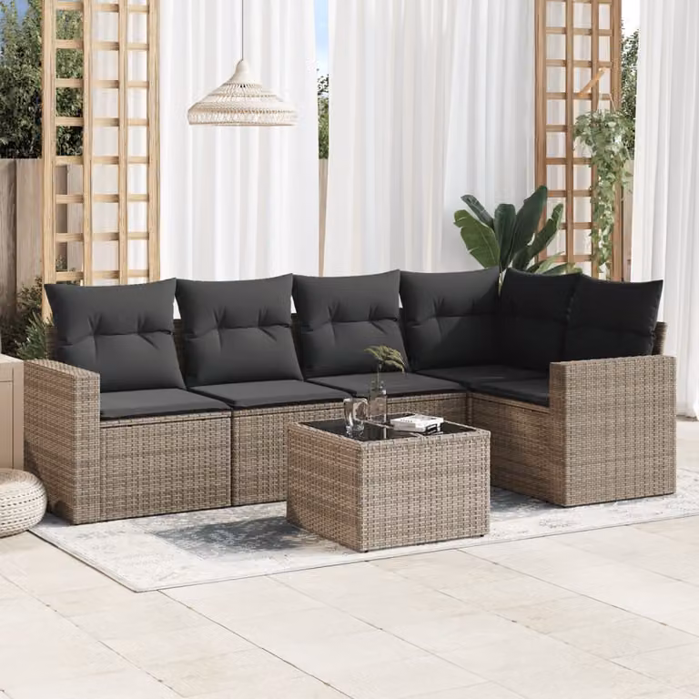 vidaXL Set Divano da Giardino a L in Polyrattan Grigio con 6 Pezzi e Cuscini Imbottiti
