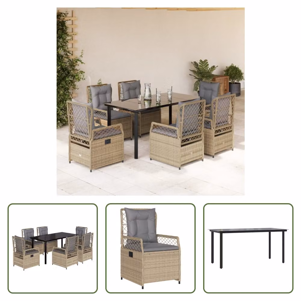 The Living Store Set da pranzo da giardino 7 pezzi con cuscini Beige poly rattan