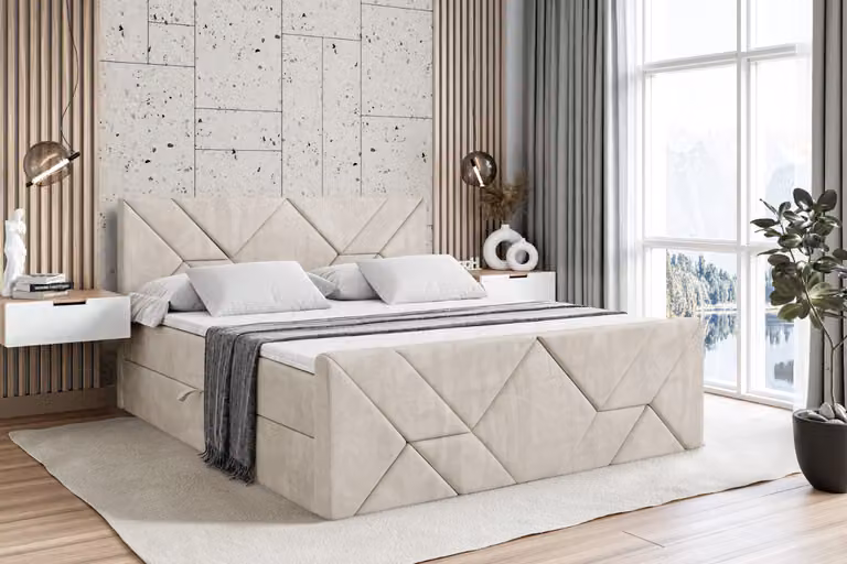Letto boxspring ALTDECOR con pediera, materasso H4 e topper - 200x200 cm - BARWA-Z - Velluto beige - Letto imbottito con contenitore e rete a doghe, letto con spazio contenitivo