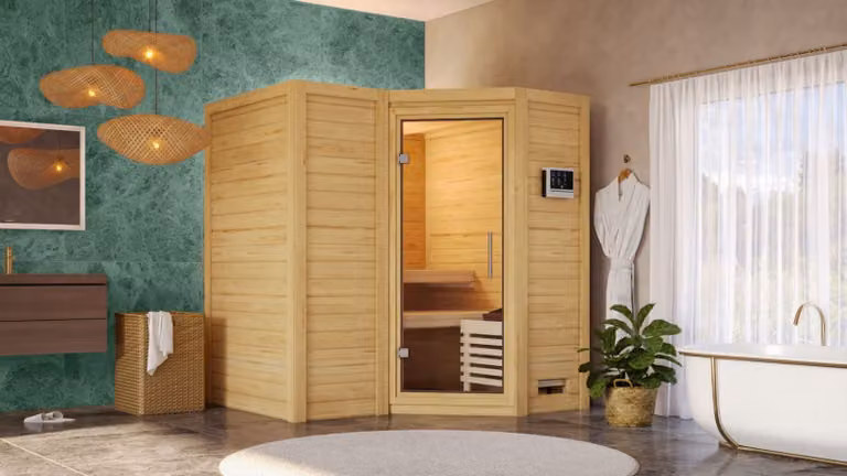 Sauna Sahib 1: senza luminosa sul tetto: 9 kW, stufa finlandese + centralina Easy Finn. Porta: porta in vetro trasparente. luminosa sul tetto: assente. Stufa: 9 kW, stufa finlandese + centralina Easy Finn. Porta della sauna: porta in vetro trasparente