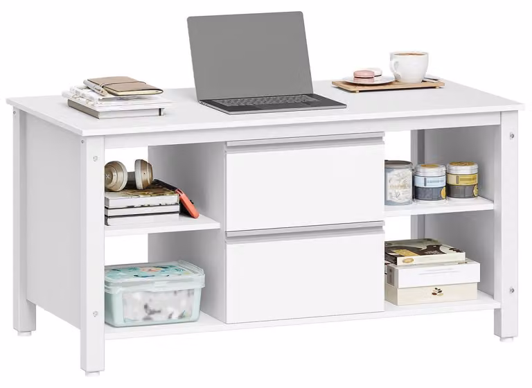 Tavolino da salotto, bianco, con gambe in acciaio, dimensioni 100 x 50 cm, con cassetti