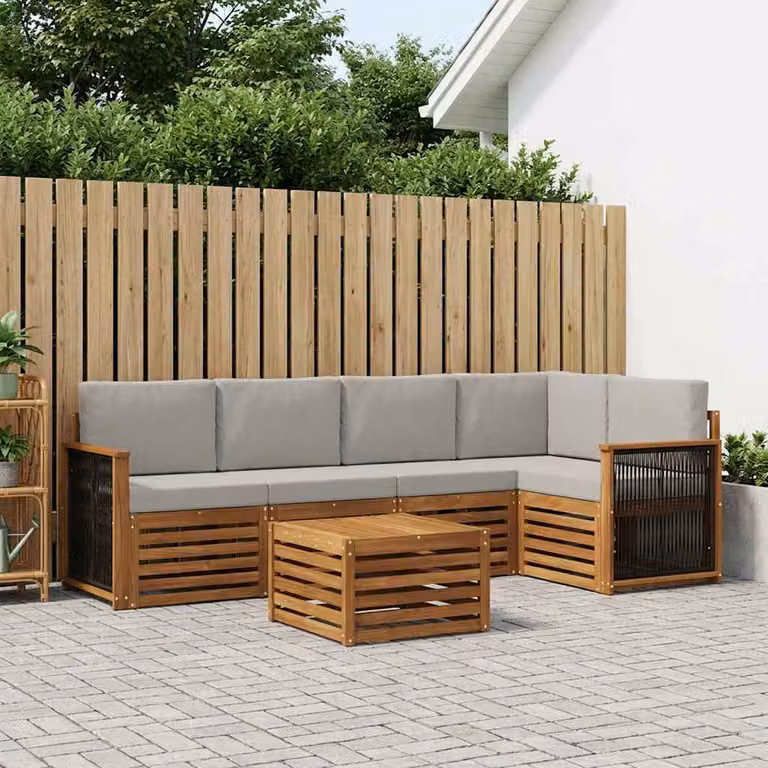 Set di divani da esterno vidaXL in legno di acacia con cuscini, composizione a L con tavolino, colore beige e grigio