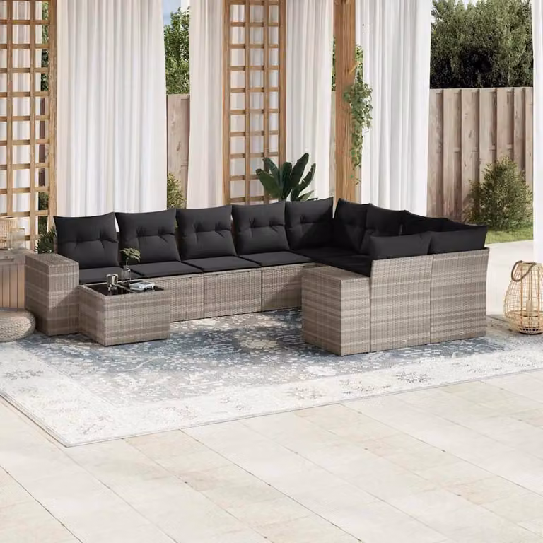 vidaXL Set Divano da Giardino 10 Pezzi con Cuscini Grigio Chiaro in Polyrattan e Acciaio