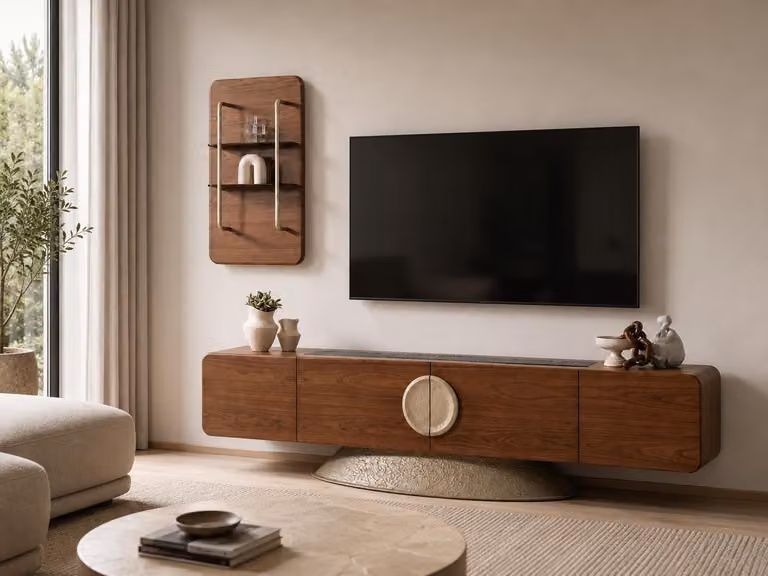 Mobile TV a basso con ante in legno noce, design moderno con elemento circolare