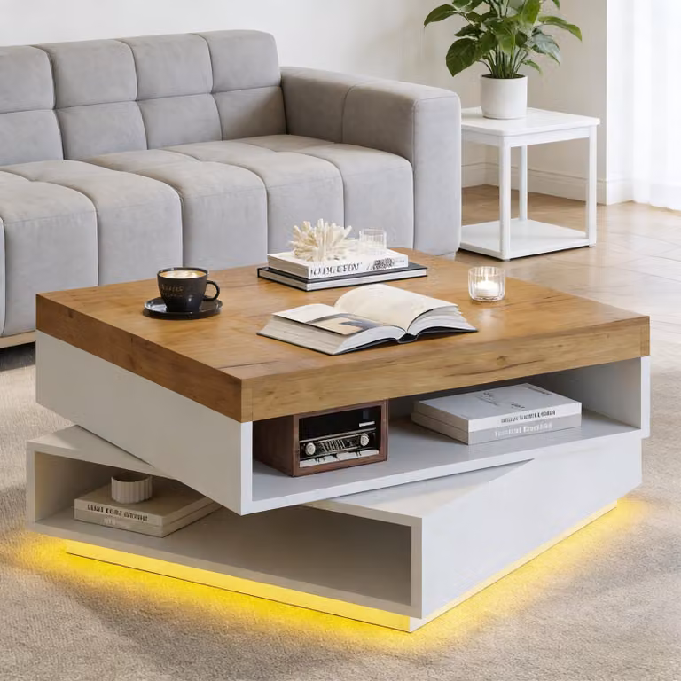 Tavolino Merax girevole a 360° con illuminazione a LED, tavolino da salotto quadrato con ripiano aperto, tavolino da salotto in MDF, bianco + legno