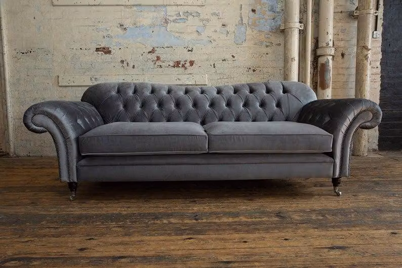 Cheserfield Samt Sofa 3 Sitzer Designer Couchen Couch Textil Stoff Polster Graue