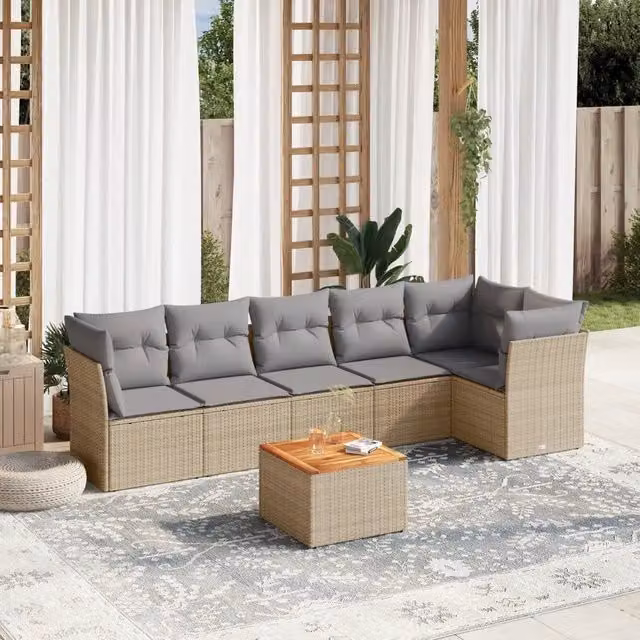 vidaXL Set Divano da Giardino a L in Polyrattan con Cuscini Beige e Grigio e Tavolino da Esterno – 1