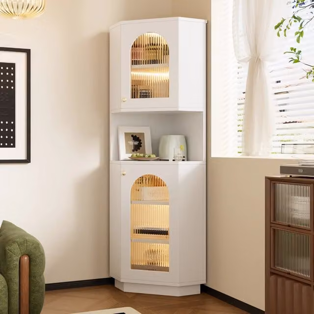 Armadietto da bagno angolare OKWISH in MDF bianco con luce integrata e ripiani regolabili L/P/H: 45 x 45 x 166,5 cm