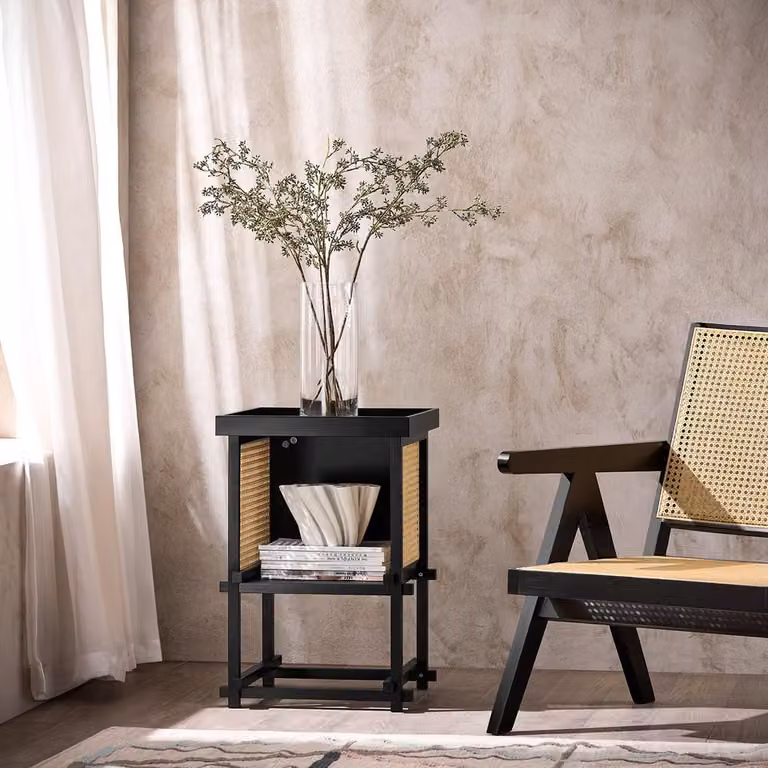 SoBuy Tavolino da divano con inserti in rattan Ripiano inferiore Nero Scandnavo HFBT03-SCH