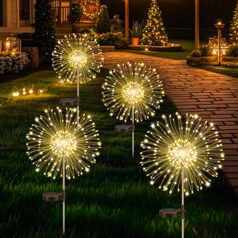 Set di 4 luci solari, 120 LED, 8 modalità, luce bianco caldo, impermeabili