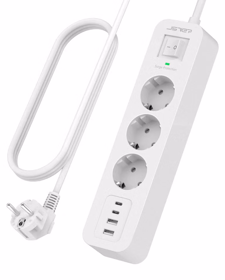 Ciabatta con protezione da sovratensione, 4 porte USB per la ricarica e 3 prese, cavo da 2 metri (bianco)