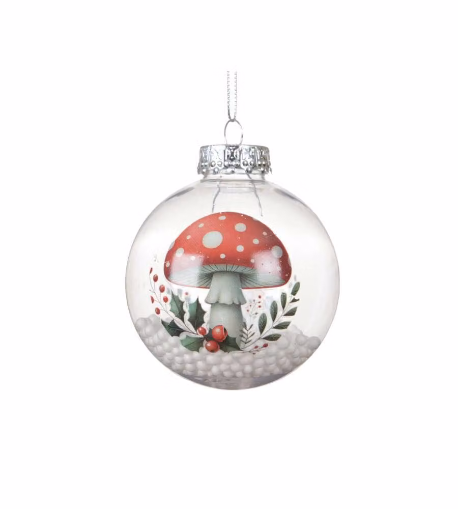 Sfera Natalizia Decorativa Trasparente 8cm con Funghi e Neve