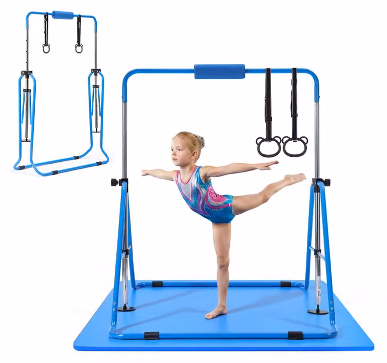 Sbarra da ginnastica VEVOR per bambini, con capacità di carico di 63,5 kg, sbarra pieghevole con tappetino, sbarra regolabile in altezza per allenamento indoor e outdoor, attrezzo per l'allenamento domestico di ginnastica per bambini, colore blu
