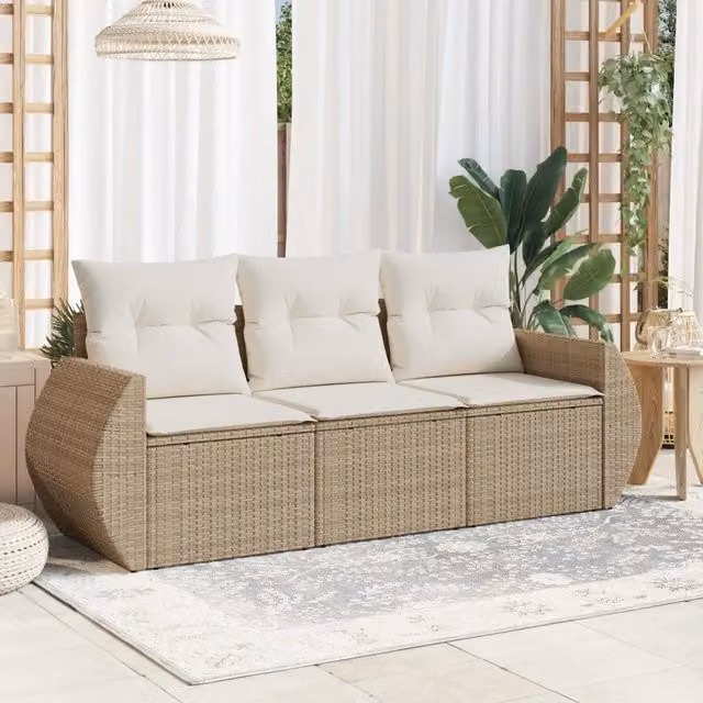 Set Divano da Giardino 3 pz con Cuscini-Sofa da Giardino-Divanetto da esterno Beige in Polyrattan 971789