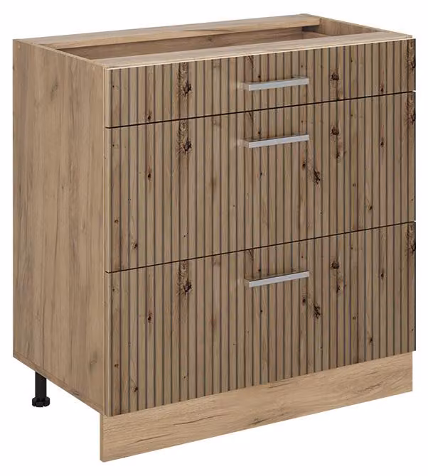 Mobiletto base per cucina Vicco R-Line Rovere artigianale/Rovere dorato 80 cm con 3 cassetti senza piano di lavoro, Model 72427