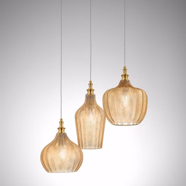 Lampada a Sospensione Tripla Cleofe Gealuce con Vetri Ambra e Montatura in Ottone