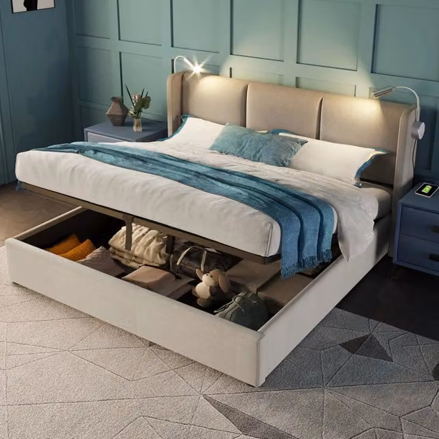 Letto matrimoniale contenitore WISHDOR in tessuto beige con luce da lettura, porta USB e rete a doghe, L/P/H: 160 x 200 x 107 cm