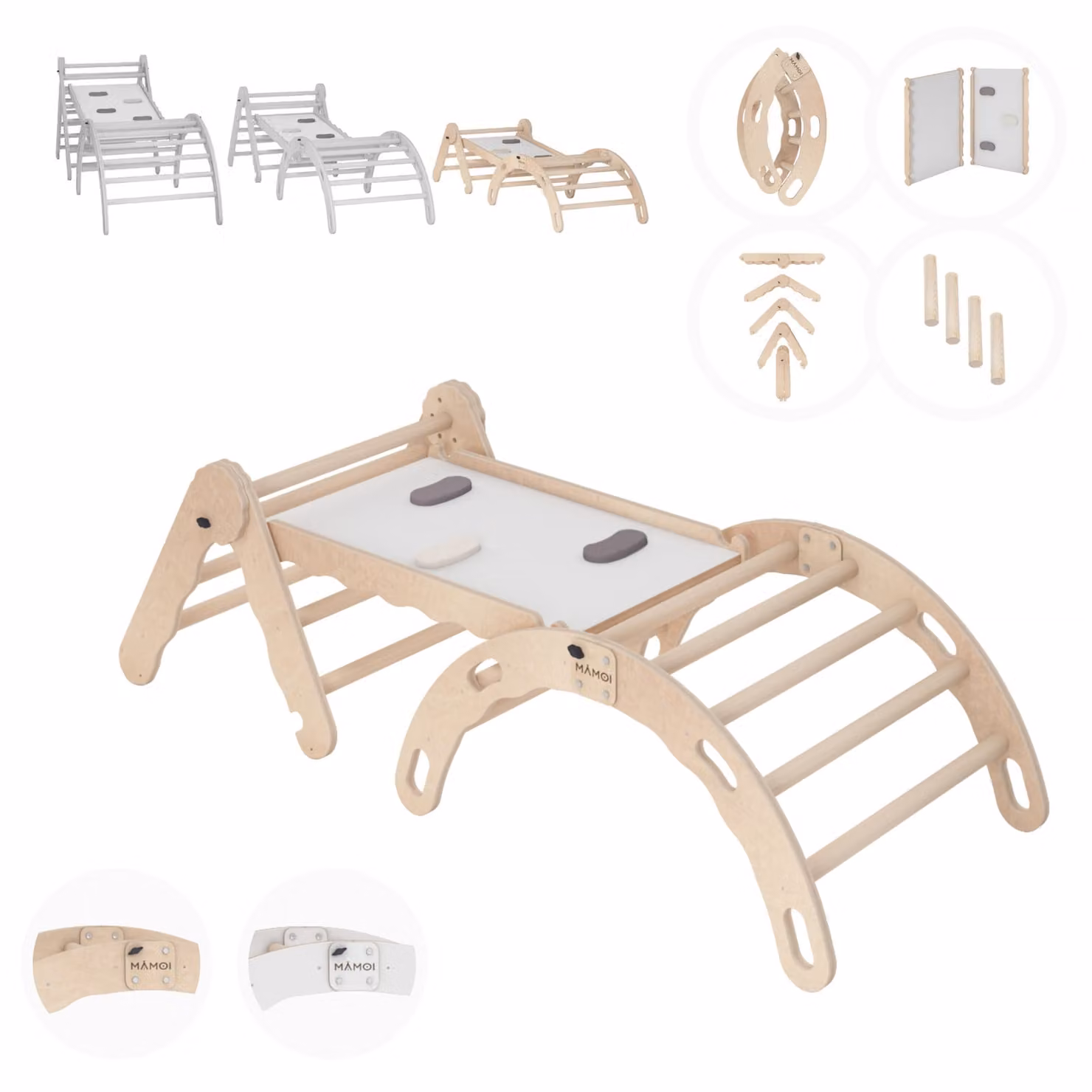 MAMOI® Set struttura di arrampicata per interni, triangolo di arrampicata con scivolo in legno, arco di arrampicata, arrampicata per bambini, altalena arcobaleno con tavola di scorrimento, arco in legno