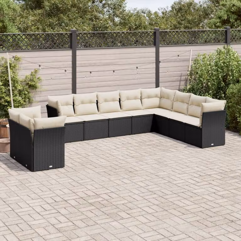 vidaXL Set Divani da Giardino a L 10 Pezzi in Polyrattan con Cuscini Imbottiti Nero e Bianco