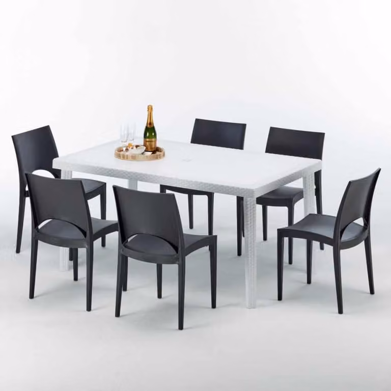 Tavolo rettangolare bianco e 6 sedie Set di bastoni da esterno in polipropilene colorato Grand Soleil Paris Summerlife - Nero