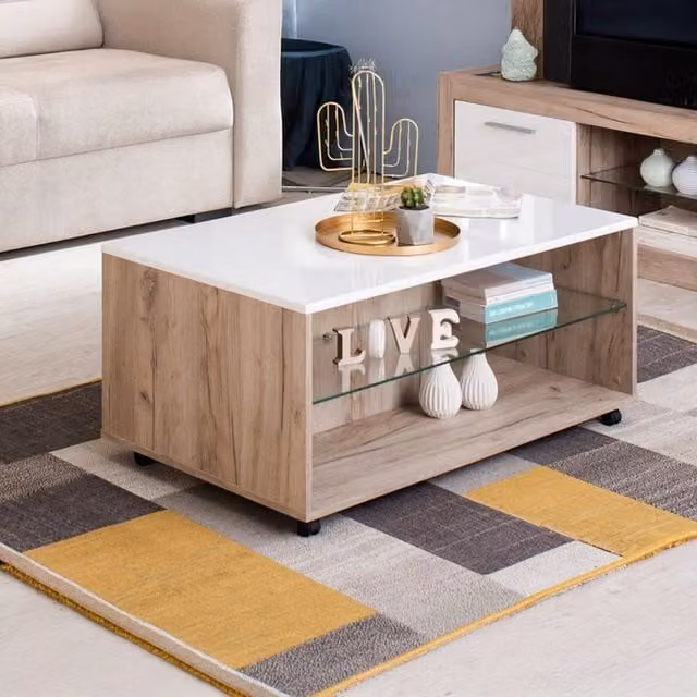 Tavolino da salotto moderno DMORA con piano in vetro e ruote, L: 101 cm, P: 60 cm, H: 45 cm, Bianco e Marrone