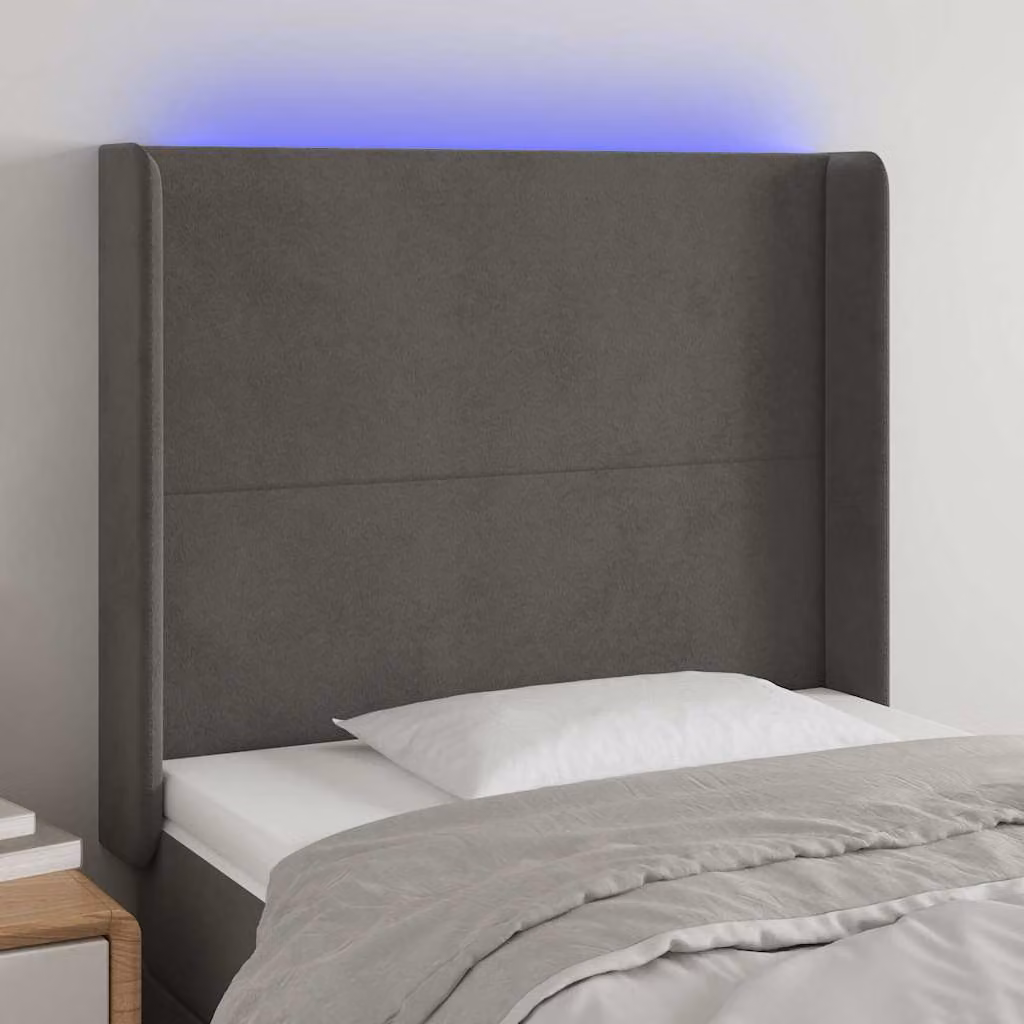 Testiera per letto vidaXL in velluto grigio scuro con illuminazione LED integrata e porta di ricarica USB, L: 103 cm, P: 16 cm, H: 118-128 cm