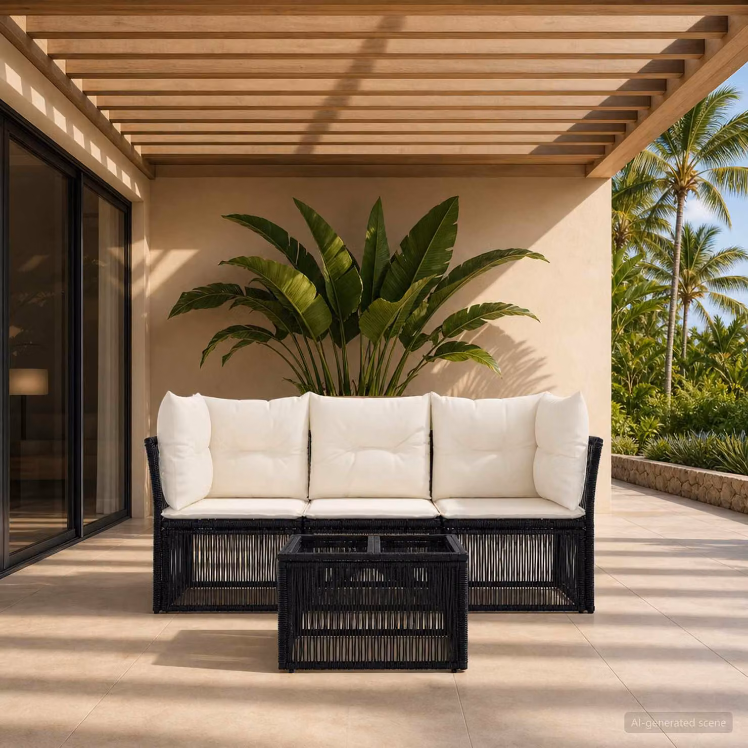 Set Divano da Giardino vidaXL 4 pz Nero con Tavolino e Cuscini in Polyrattan e Acciaio