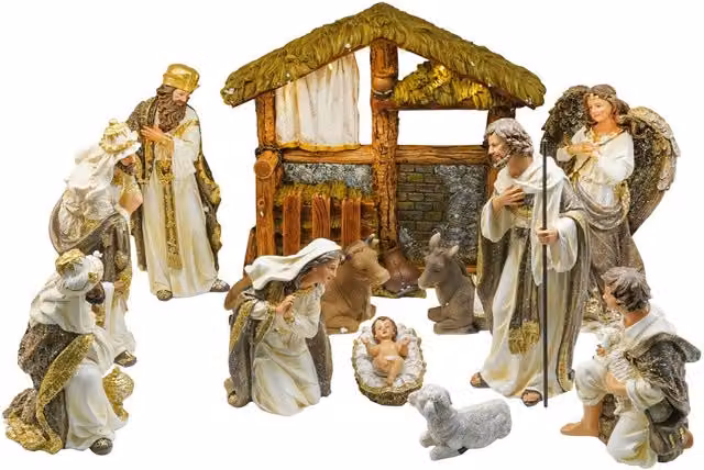 Presepe della Natività con Capanna GIORDANOSHOP, 12 Pezzi, Bianco, Oro e Multicolore, Altezza: 30 cm