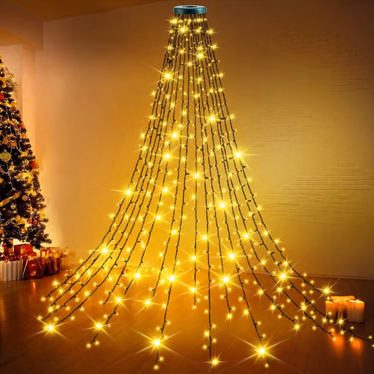 Illuminazione per albero di Natale, 200 LED, 2 metri, 8 fili, luce bianco caldo, grado di protezione IP44