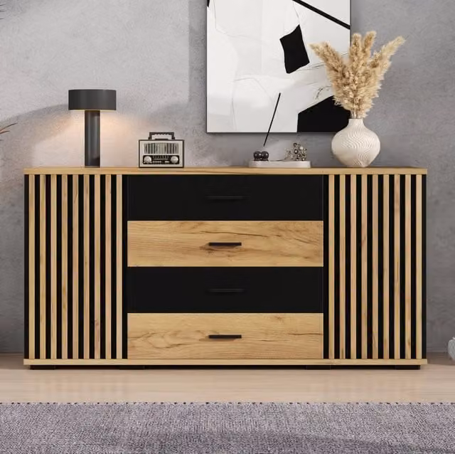 Credenza in MDF 140x35x70 cm con 4 cassetti e 2 ante