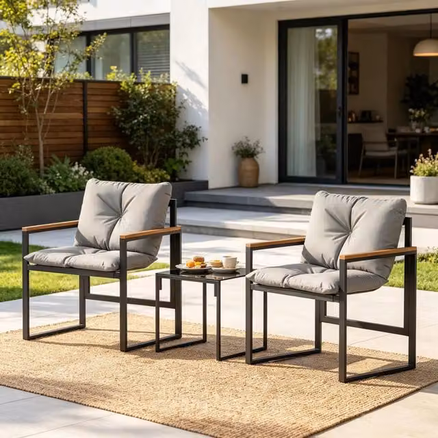 Set lounge da giardino WISHDOR 3 pezzi con tavolino in vetro e sedie imbottite, nero e grigio