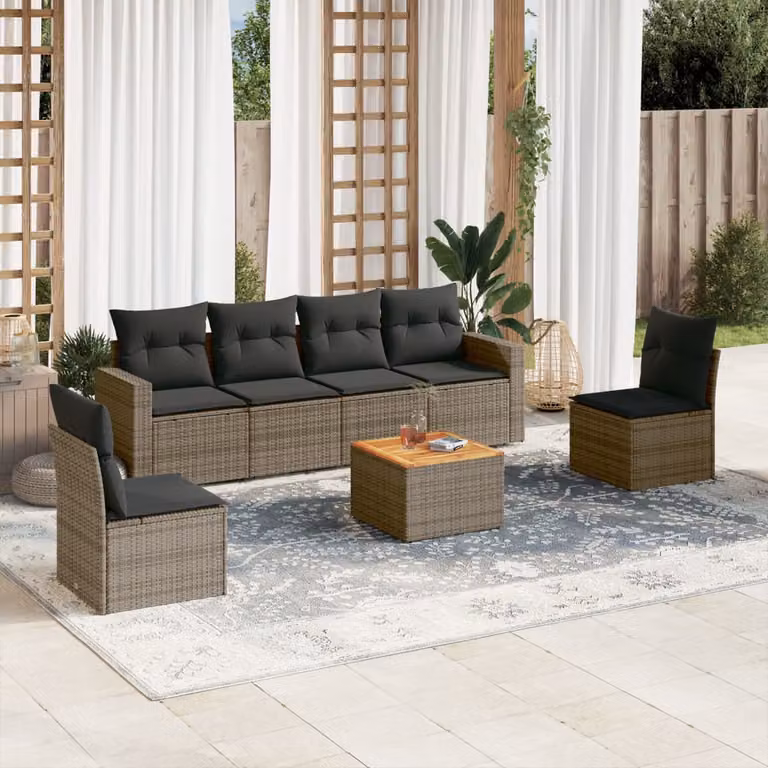 Set di divani da giardino vidaXL in 7 pezzi in polyrattan grigio con cuscini e tavolino da esterno