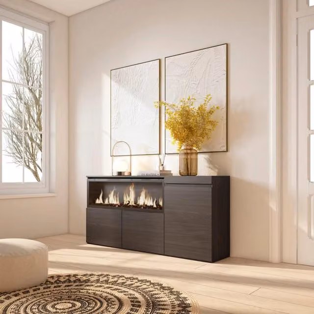 Credenza, Mobile, 158x35x75cm, 3 Porte, Camino elettrico XXL, Nero RF3282