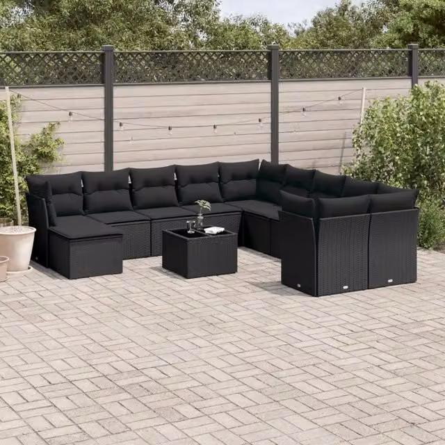 Set di divani da giardino VIDAXL in polyrattan nero con cuscini, 12 pezzi