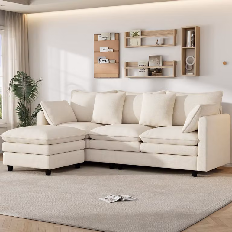 Divano angolare a forma di L, 3 posti, con chaise longue, rivestito in tessuto tipo chenille, con 4 cuscini e 3 schienali, dotato di 12 gambe, ideale per il soggiorno, colore beige