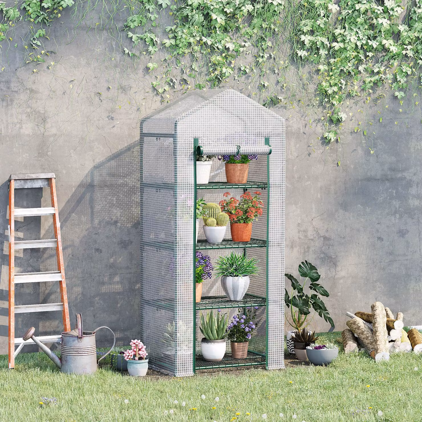 Serra verticale per orto Outsunny con porta avvolgibile, scaffale a 4 ripiani in acciaio e PE, Bianco, L 70 cm x P 50 cm x H 160 cm – 2