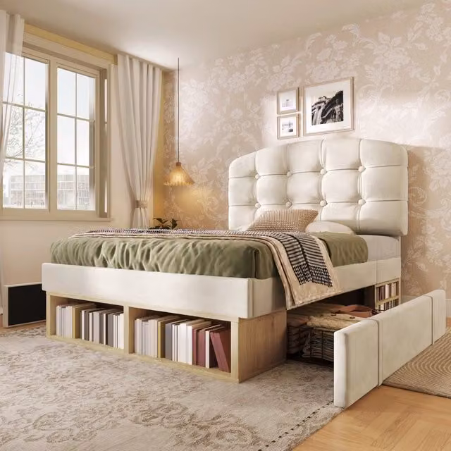 Letto singolo 90x200 cm, rivestito in velluto, testiera regolabile, 2 cassetti, beige