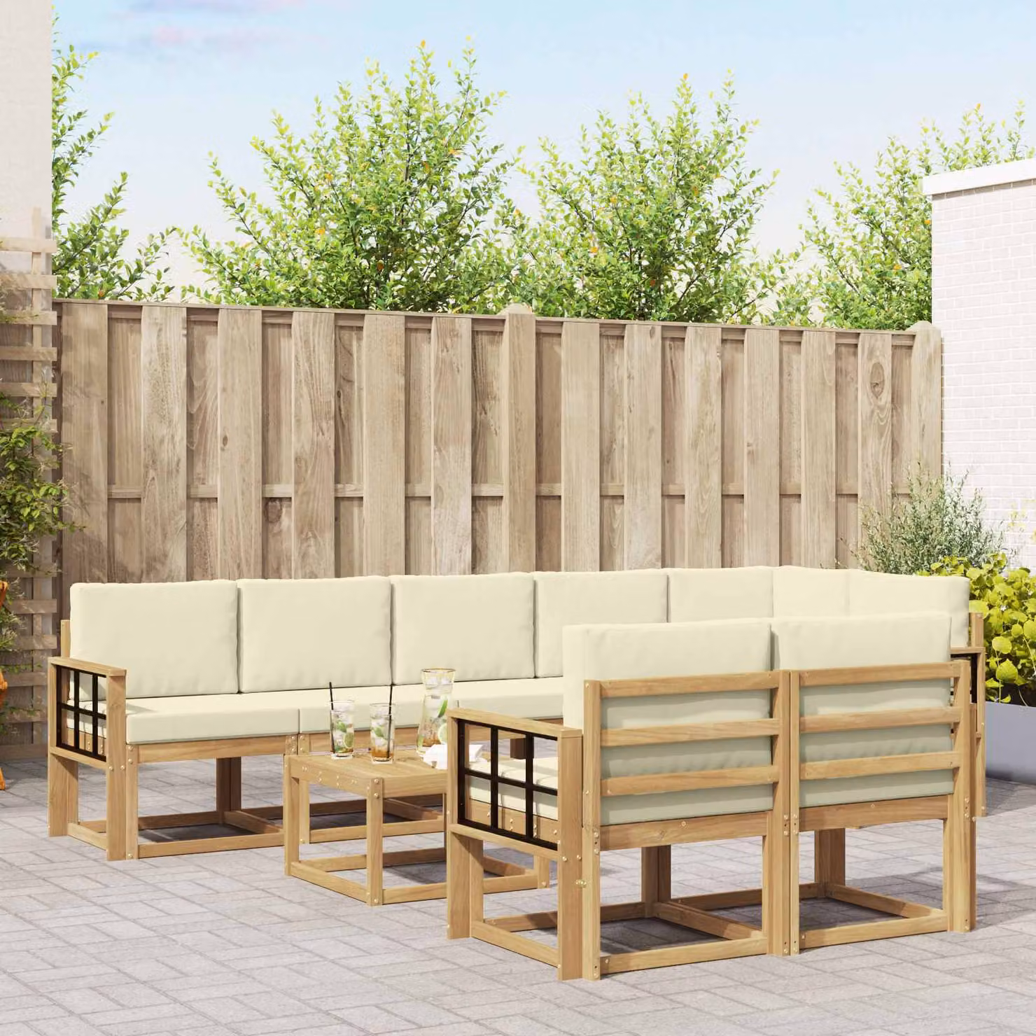 Set di divani da esterno a L vidaXL in legno di acacia con tavolino da caffè e cuscini, Bianco, Beige e Marrone