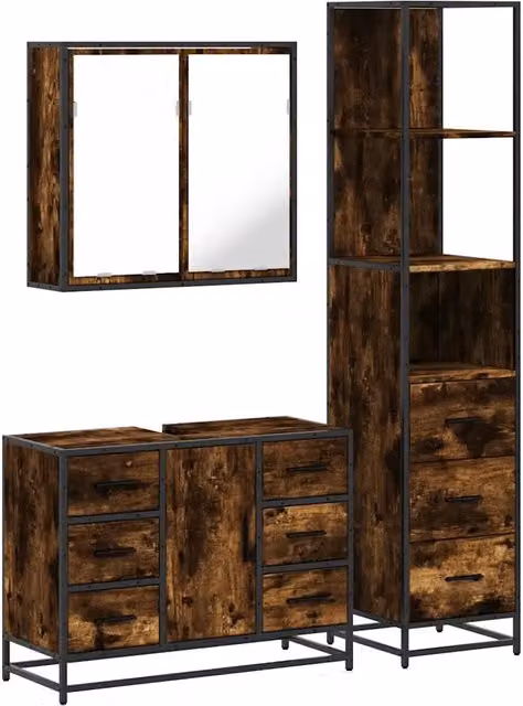 Set Mobili da Bagno | Armadio da bagno 3 pz Rovere Fumo in Legno Multistrato
