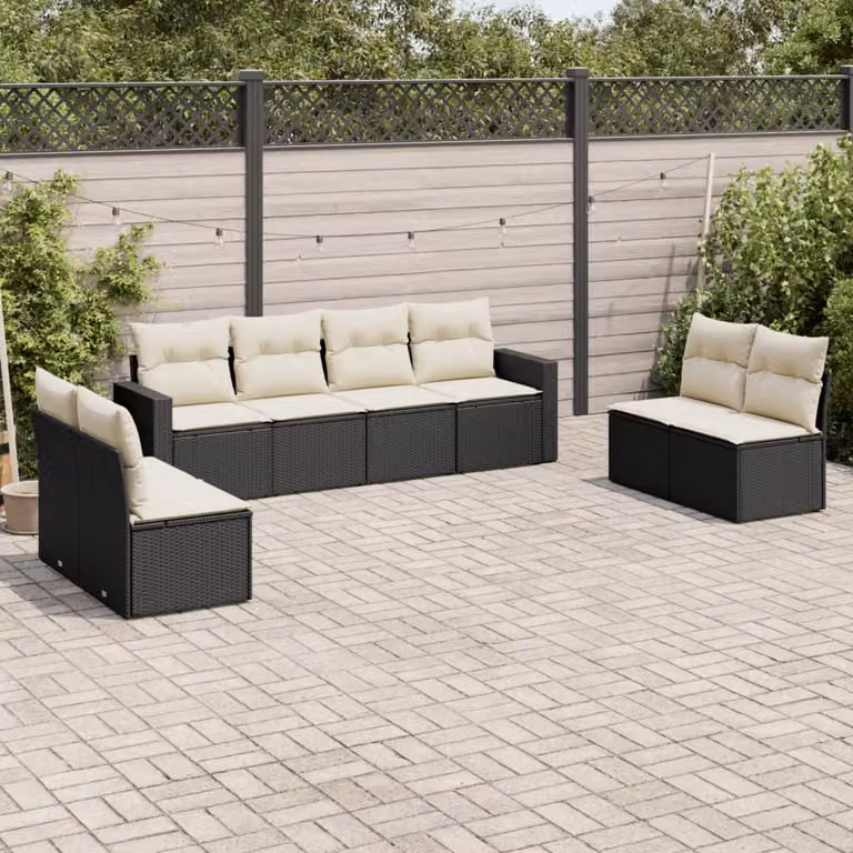 Set di divani da giardino vidaXL a forma di L con 8 cuscini in polyrattan nero e bianco