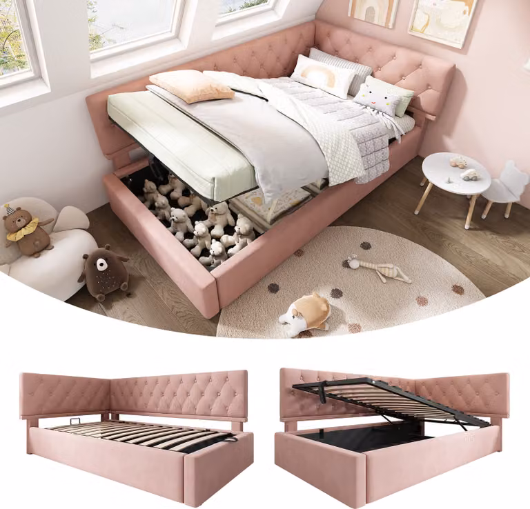 Divano letto STILVORA, 90x200 cm, divano letto giornaliero con spazio contenitore idraulico, letto per ragazzi, modello divano letto, con rete a doghe in legno, completo di materasso, colore rosa