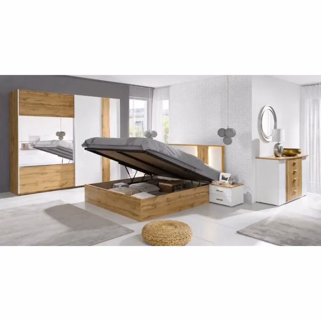 Camera completa moderna MEUBLORAMA WOOD in rovere e bianco con letto contenitore con illuminazione LED, armadio, cassettiera, comodini e specchio, L/P: 180 x 200 cm – 2