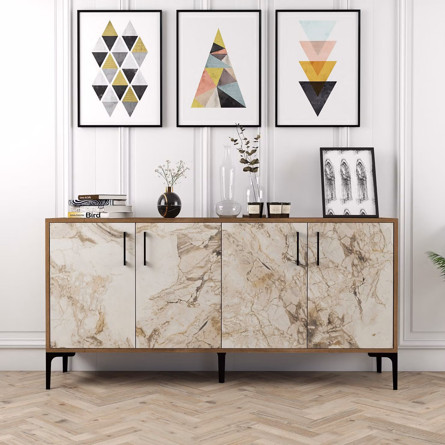 Skye Decor, Kiev 160 - Noce, Marmo bianco, Consolle, Noce, 100% PANNELLI DI PARTICELLE RIVESTITI IN MELAMMINA, 160 x 35 x 78 cm