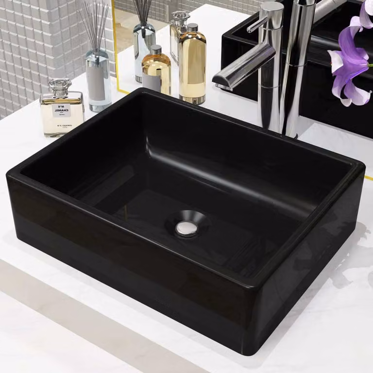 The Living Store Lavabo in Vetroceramica rettangolare nero 41 x 30 x 12 cm