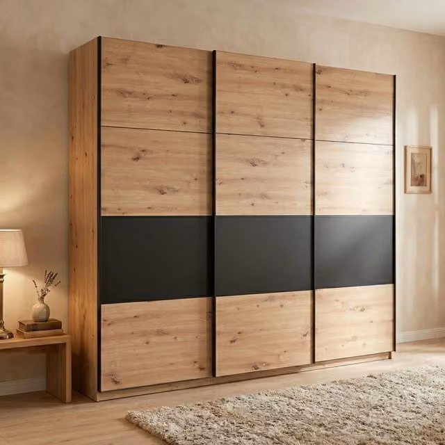Armadio da camera da letto Miggiano DMORA con ante scorrevoli, colore marrone rovere, L: 262.5 cm, H: 224 cm – 1