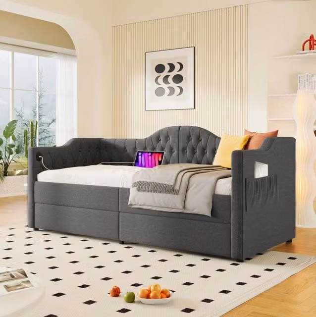 Letto da giorno imbottito in lino con 2 cassetti; USB e Type-C; 90x190 cm; grigio