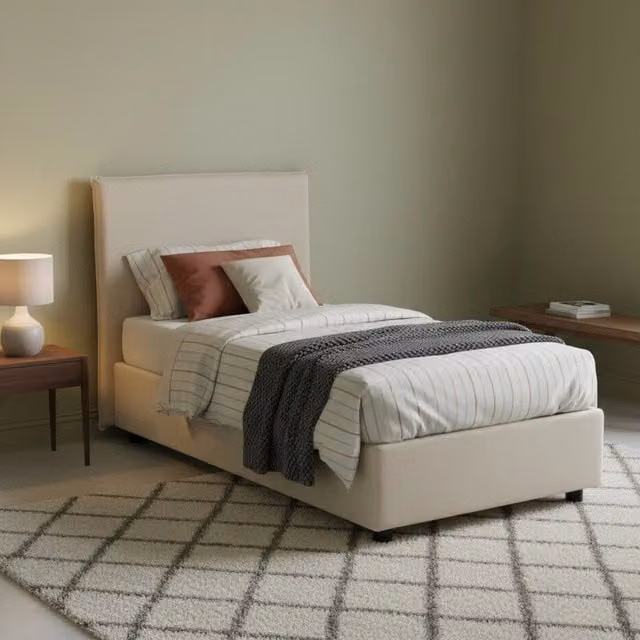 Letto singolo contenitore Alder di Talamo Italia con rivestimento in tessuto beige, adatto per materasso 90x200 cm