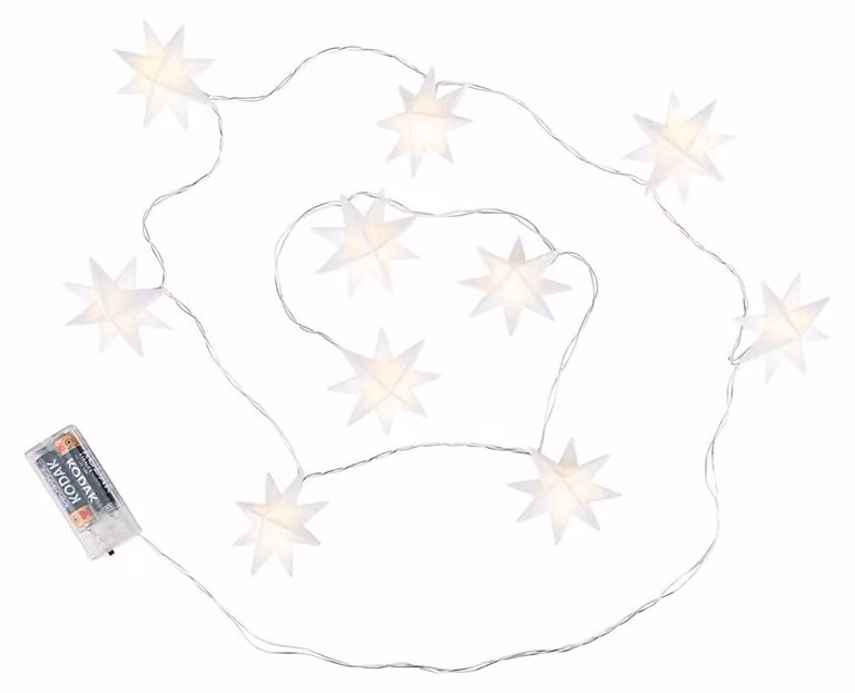 Catena luminosa a LED con stelle tridimensionali, 10 stelle, diametro 7 cm, luce bianco caldo, con timer